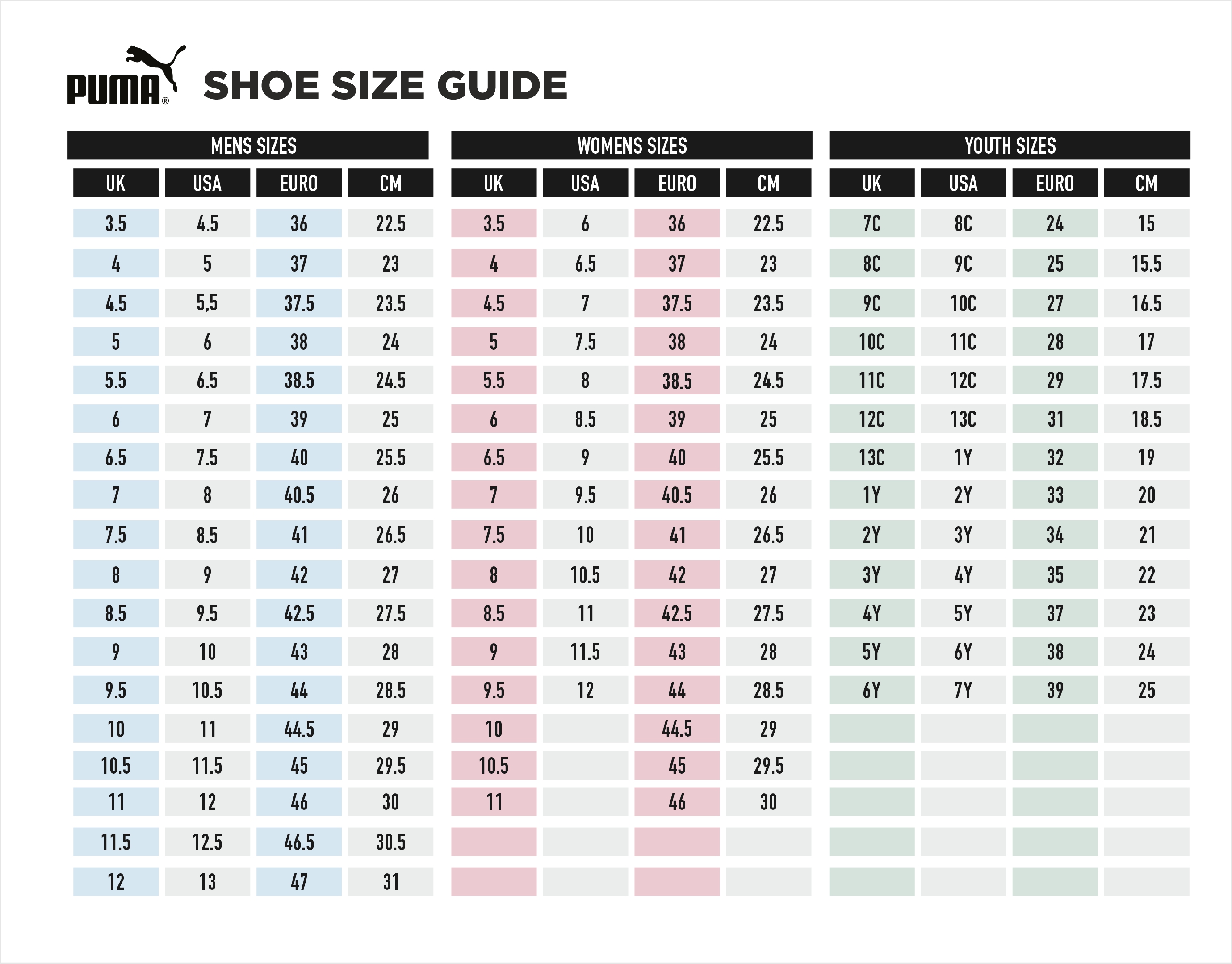 puma women shoe size chart