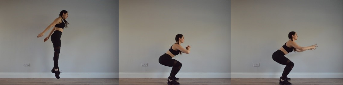 Girl working out at home in squat position, jumping upwards, returning to squat