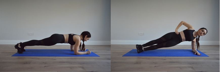 Girl performing plank on yoga mat at home